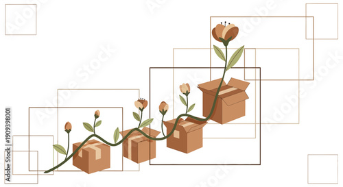 Growth Concept: Blooming Flowers Emerging from Cardboard Boxes in Staircase Pattern