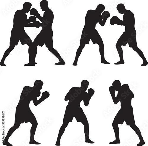 black silhouettes of boxers in various fighting poses and movements