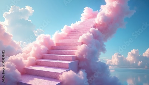 Pink pastel staircase ascends through fluffy clouds towards a bright sky. A divine pathway offers hope and aspiration for success. Peaceful journey to heaven gate. Dreamy surreal surrealism.