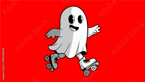 Fun Cartoon Ghost Character Roller Skating on Bright Red Background Vector Illustration