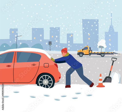 Man pushing car stuck in snow during winter snowfall. Vector cartoon flat style illustration