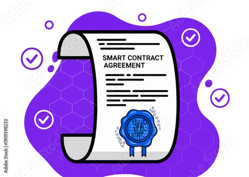 Smart contract agreement document with digital seal illustration