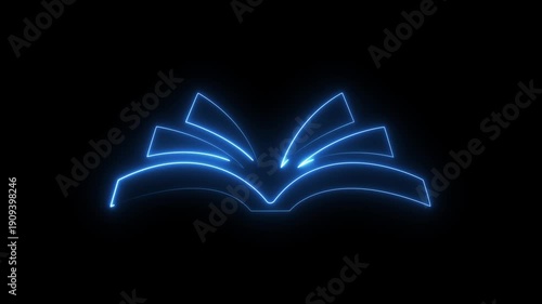 An open book animated with bright blue neon lines glowing on a dark background, symbolizing knowledge, education, and inspiration with a looping abstract animation.