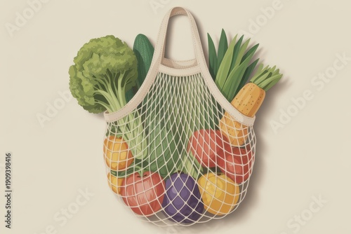 Reusable mesh bag filled with assorted colorful vegetables including broccoli, tomatoes, cucumbers, and squash, hanging against a plain beige background, representing eco-friendly and healthy lifestyl