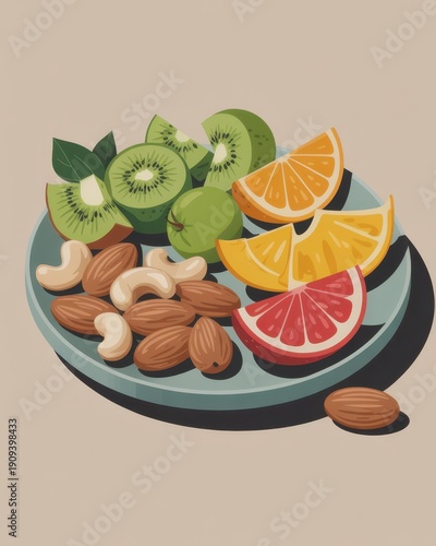 Colorful illustration of a healthy snack plate with kiwi, apple, orange and grapefruit slices, almonds and cashews on a blue plate over beige background, promoting nutritious eating