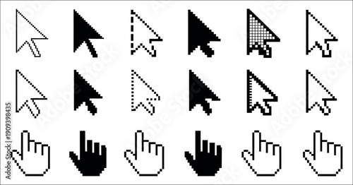 Mouse Click Cursor Icon Set Hand and Arrow Pixel Vector Illustration