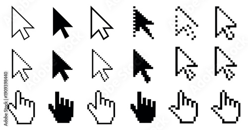 Mouse Click Cursor Icon Collection featuring a comprehensive set of white and black arrow pointers, hand clicking symbols, and classic pixelated cursors for digital interface design.