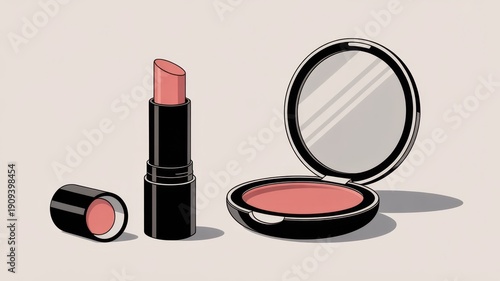 Minimalistic illustration of pink lipstick and compact blush with mirror on light background, showcasing beauty products, makeup essentials, and modern feminine style