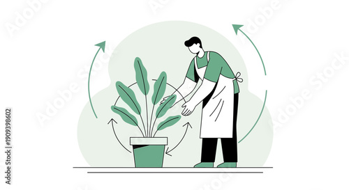 Gardener Caring for Potted Plant with Recycling Arrows