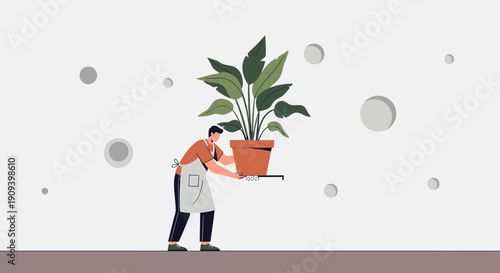 Gardener Caring for Potted Plant, Minimalist Flat Illustration Style