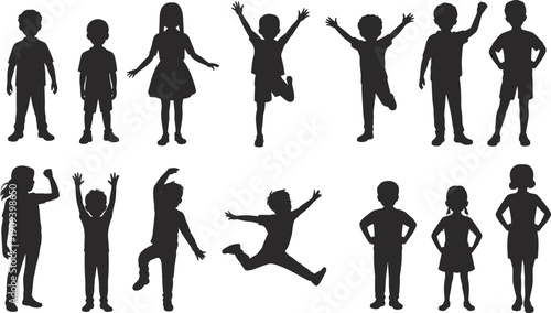 Silhouettes of children jumping, dancing, running, and standing in playful poses, diverse boys and girls activity vector illustration for education and design