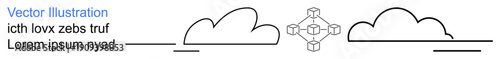 Technology, data sharing, blockchain, cloud computing, connection, futuristic systems. Minimal design clouds and a blockchain network. Technology and data sharing theme
