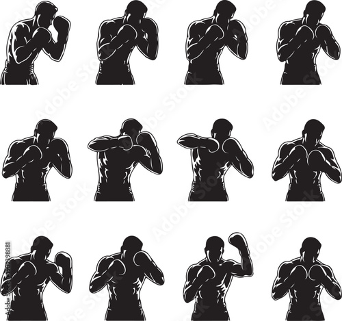 black silhouettes of boxers in various fighting poses on white background