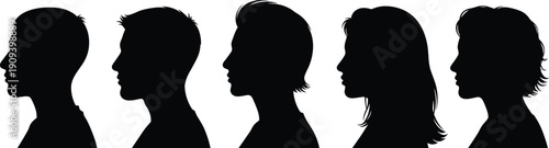 Set of five diverse human head profile silhouettes showing various hairstyles and facial features in black on a white background