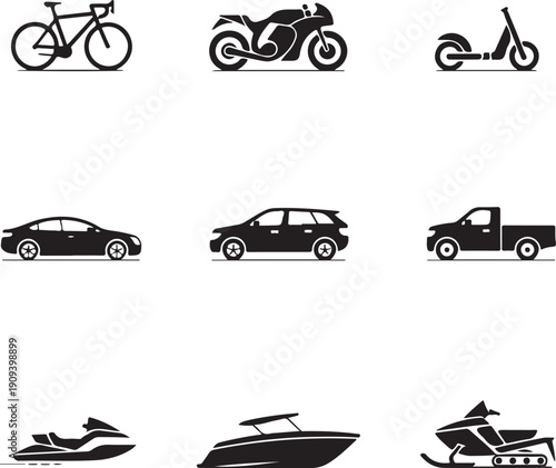 black silhouettes of various vehicles on white background