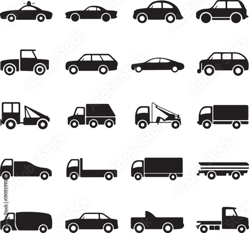 Black silhouettes of various vehicles on white background