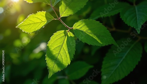 Sunlight shines through green leaves creating natural shadows. Close up view of leaf veins and texture against dark background. Fresh botanical detail for nature themes.