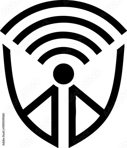 Wireless network security shield icon and broadcast signal symbol