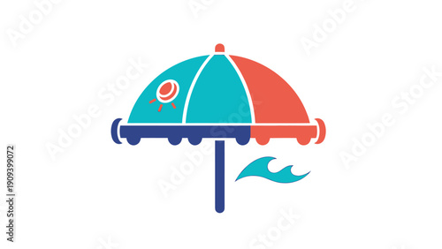 A beach umbrella design with sun, wave, and various shades of blue and red on white