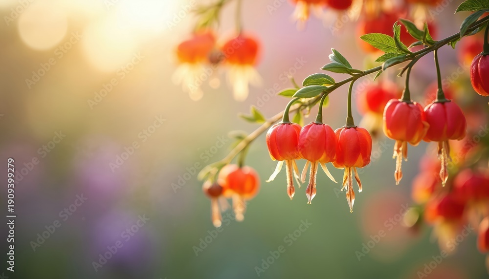 Fototapeta premium Red bell flowers hang from branch in golden hour light. Soft focus background with bokeh circles and muted colors create dreamy atmosphere. Nature garden bloom detail.