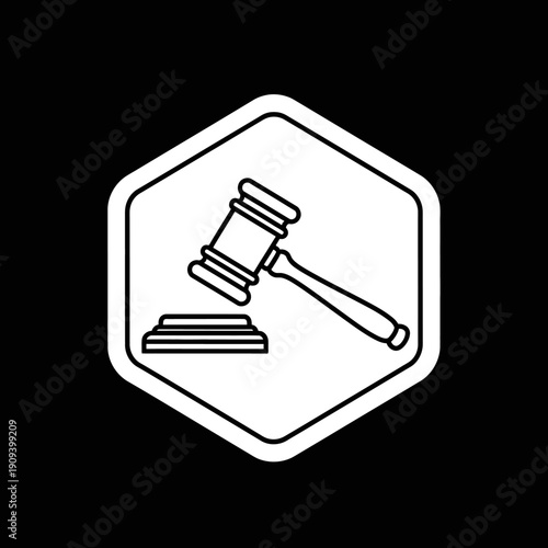 A black and white gavel icon within a hexagon shape against a black background