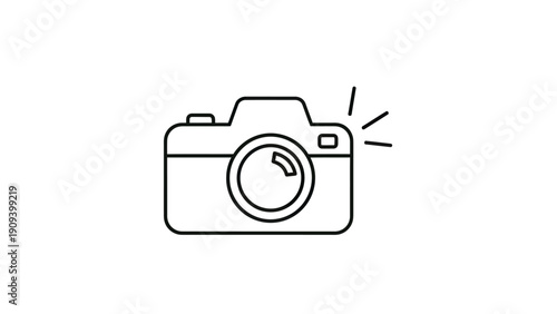 A line drawing of a camera with a flash. Simple, minimalist design on a white background