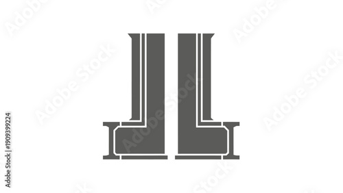 A symmetrical, geometric design with two upright bars, each with parallel white lines