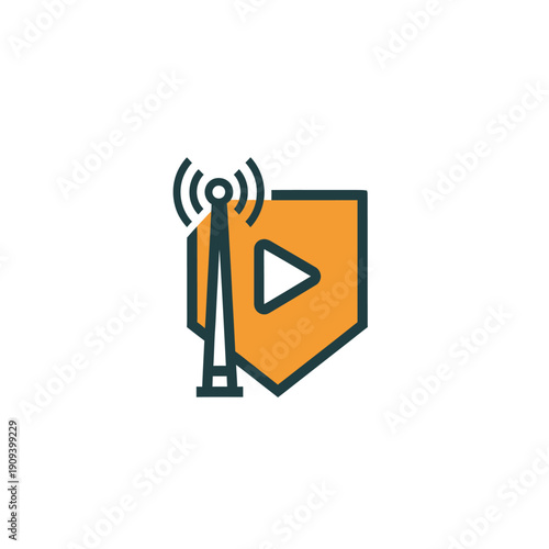 Icon featuring a transmission tower emitting waves with a play button in a shield