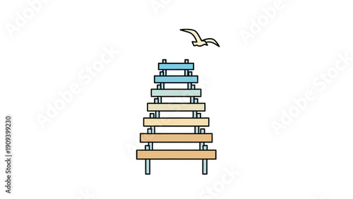A colorful, tiered pier with a stylized seagull overhead. Vector illustration