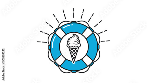 A stylized illustration featuring an ice cream cone inside a life preserver, and sun rays