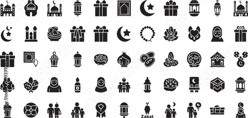 Islamic Ramadan Icon Set - Minimalist Black Silhouette Symbols for Eid, Mosque, Lantern, and Muslim Culture Design