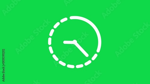 Animated white clock face with simple hands moving on a vibrant green background representing time passing, concept of deadline and schedule, looping motion graphic.