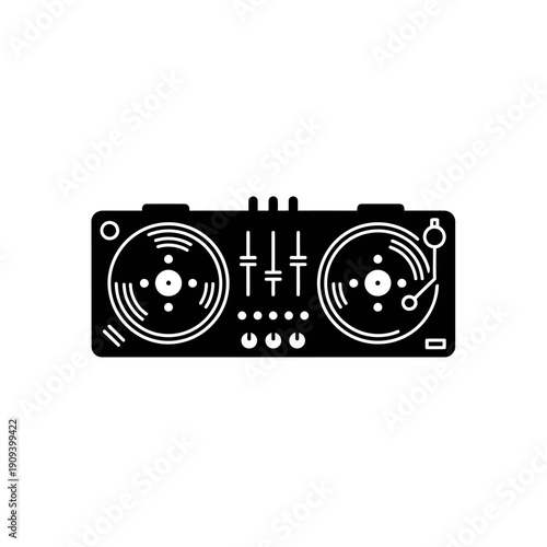 Silhouetted illustration of a DJ mixing console with two turntables and controls