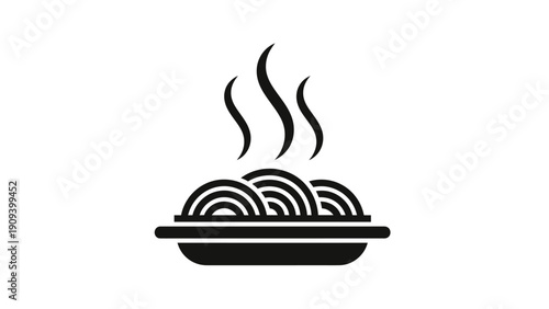 A stylized black and white illustration of spaghetti served in a dish with steam rising