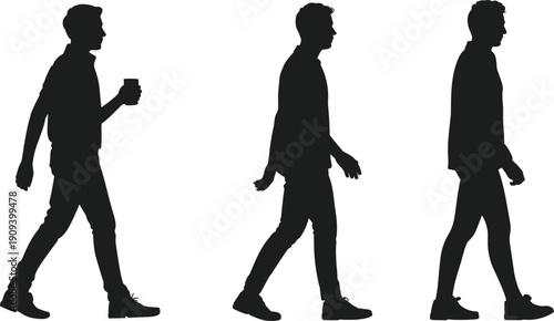 Black silhouettes of a man walking with coffee and moving in different poses for urban lifestyle professional business commute and casual people character