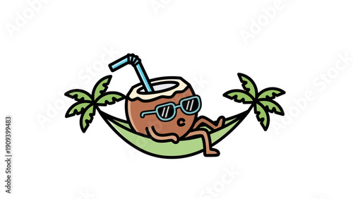 A cartoon coconut with sunglasses relaxes in a hammock between two palm trees