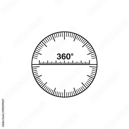 A black and white vector graphic of a 360-degree protractor on a white backdrop