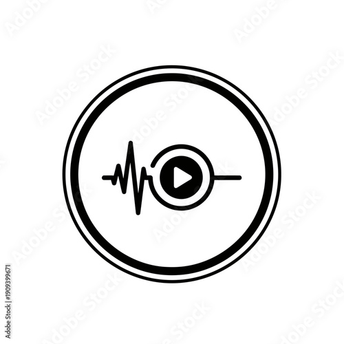 A black and white icon, featuring a play button, sound wave, and a circular outline