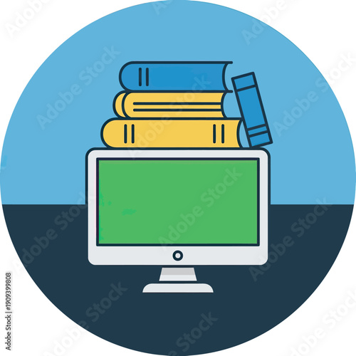 Illustration features a computer, stacked books, all within a blue and dark blue circle
