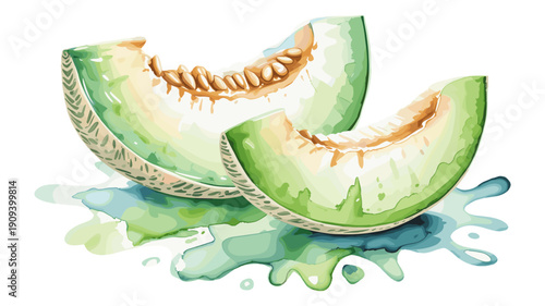 Watercolor illustration of fresh green melon slices with seeds and juicy pulp splash