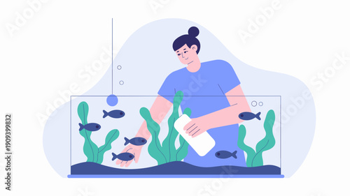 woman cleaning home aquarium with tropical fish and aquatic plants indoors, Pet care and fish tank maintenance concept