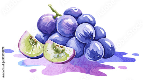 Watercolor illustration of purple grapes cluster with sliced grape and colorful juice splash isolated on transparent  background