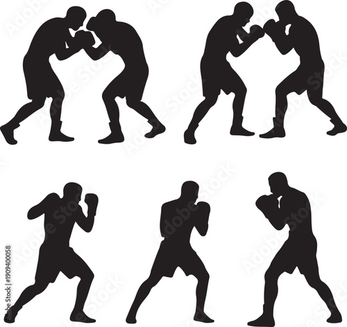 black silhouettes of boxers in various fighting poses