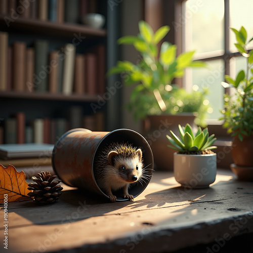 Hedgehog in a vintage tin can on rustic wood. Urban jungle style with succulents, old books and warm morning sunlight. High contrast macro photography.