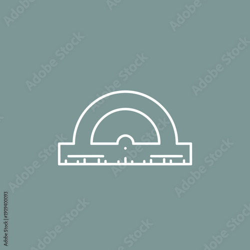 A white semi-circular protractor on a muted teal background. The tool displays degree markings