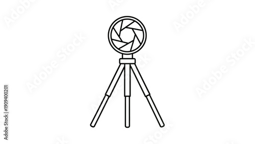 Line drawing of a camera lens with aperture blades on a tripod stand