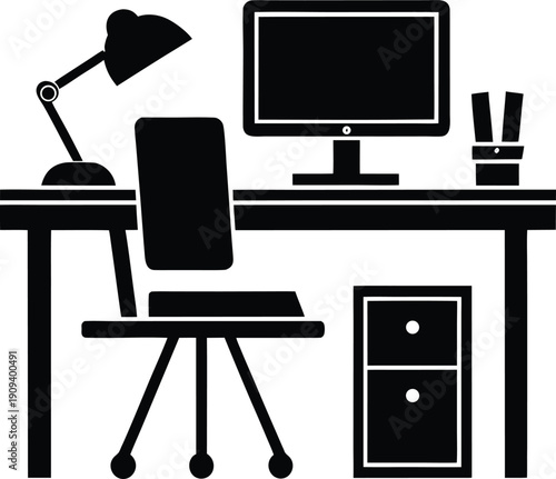 Office desk silhouette with computer chair lamp and filing cabinet vector monitor