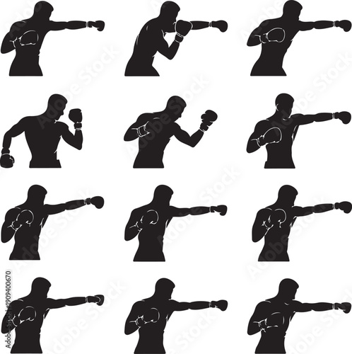black silhouettes of boxers in various fighting poses
