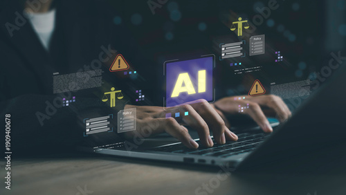 Hands typing on laptop surrounded by AI-related icons law, policy, ethics, and regulations legal and compliance risks in artificial intelligence technology.