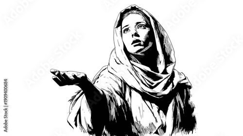 black and white illustration of mother of Jesus Maria isolated on white 